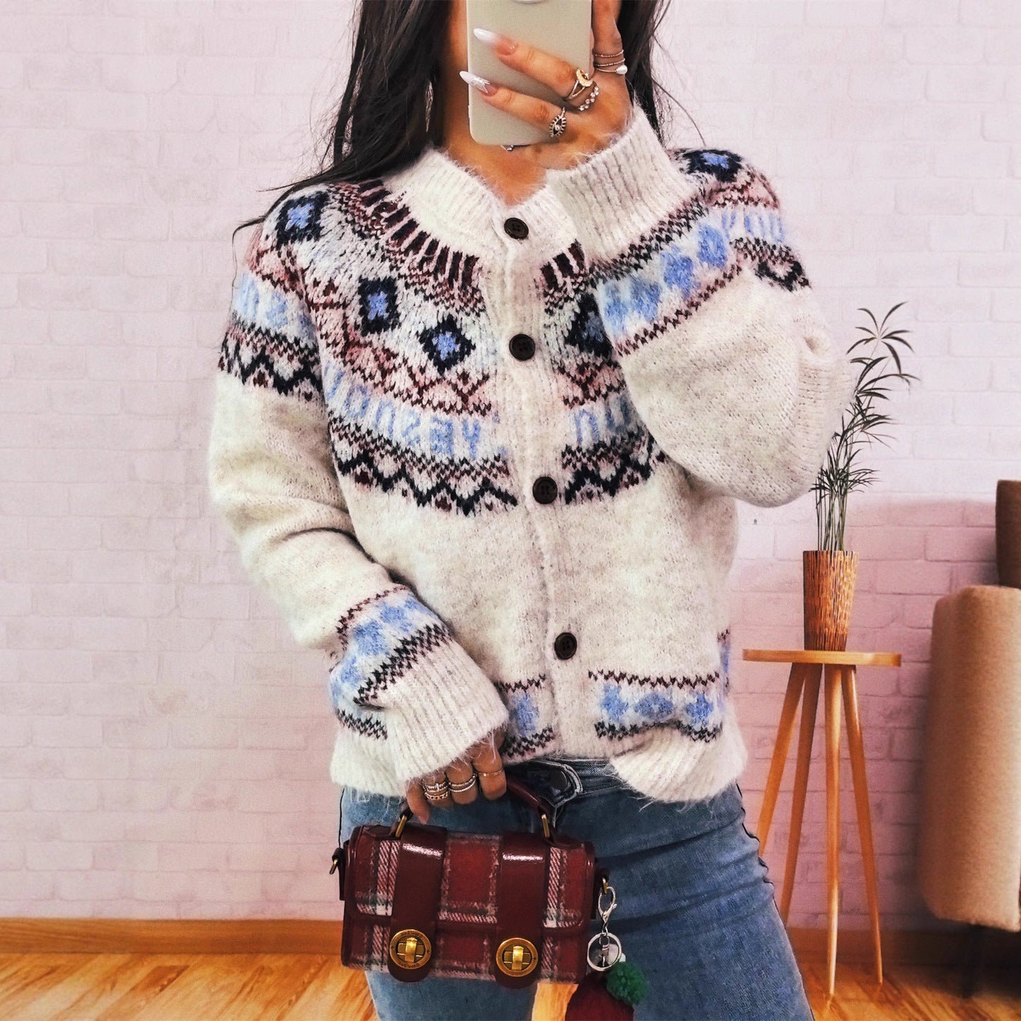 CozyWeave Damvest – Zachte Wol Nordeuropees Patroon met Houten Knopen