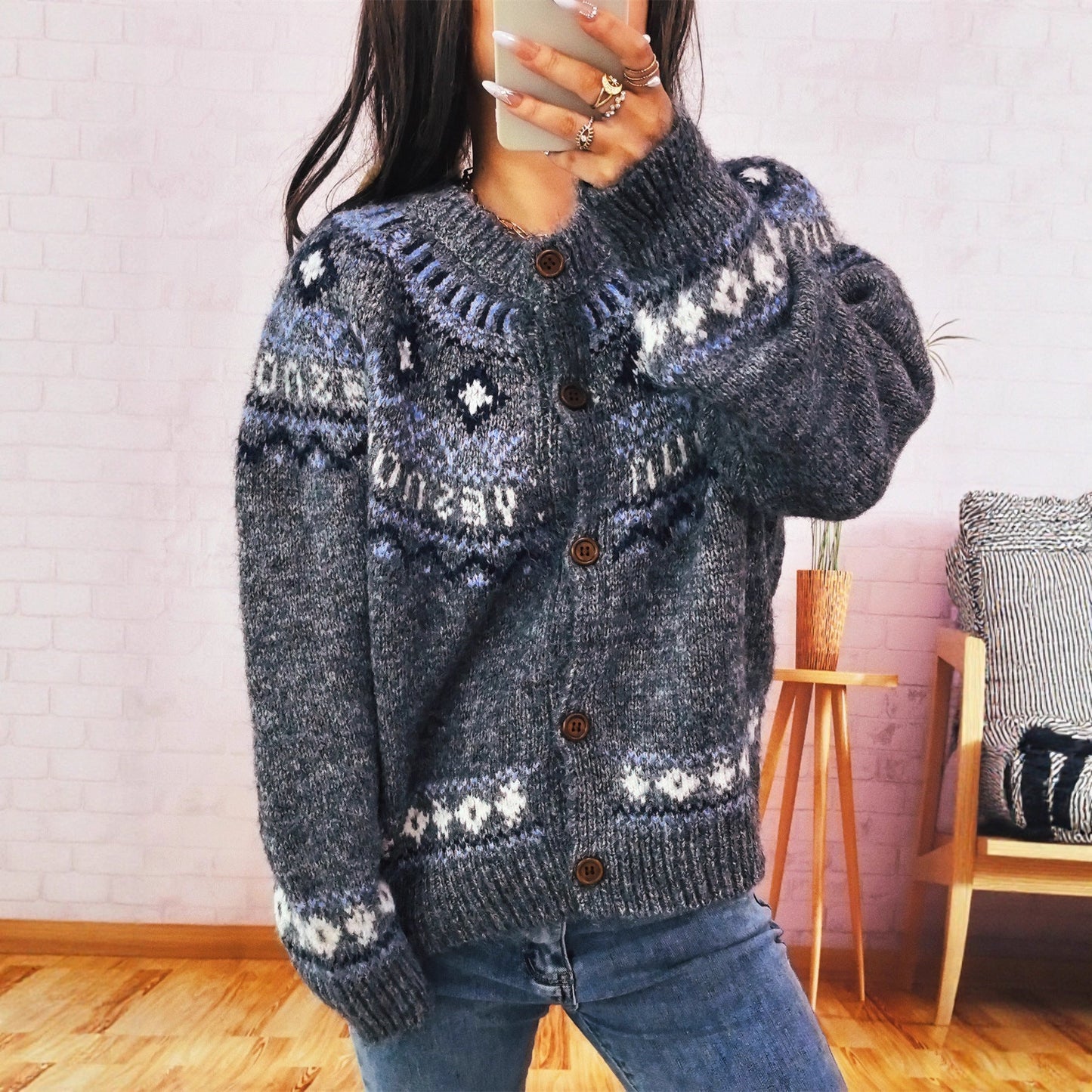CozyWeave Damvest – Zachte Wol Nordeuropees Patroon met Houten Knopen